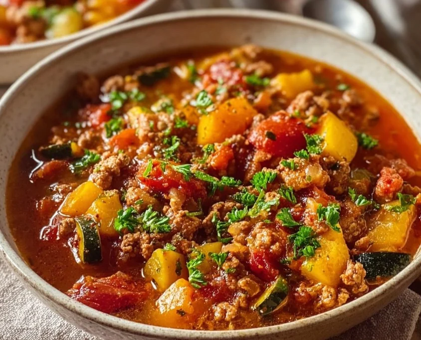 Crock Pot Shipwreck Stew 4 Crock Pot Shipwreck Stew in a bowl, garnished with herbs and served hot.