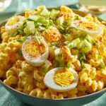 Deviled Egg Macaroni Salad in a bowl, garnished with paprika and herbs