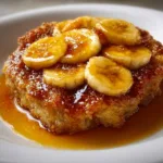 Delicious easy banana cobbler served in a baking dish with fresh banana slices