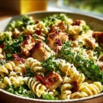 Delicious Chicken Caesar Pasta Salad served in a bowl with fresh ingredients.