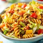 Bowl of easy taco pasta salad with colorful ingredients and toppings