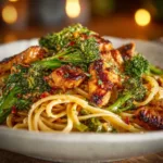 Garlic Chicken and Broccoli Noodle Bowl served in a colorful bowl