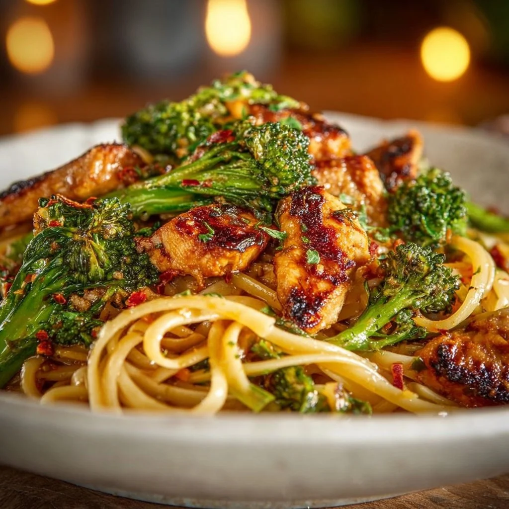 Garlic Chicken and Broccoli Noodle Bowls 3 Garlic Chicken and Broccoli Noodle Bowl served in a colorful bowl