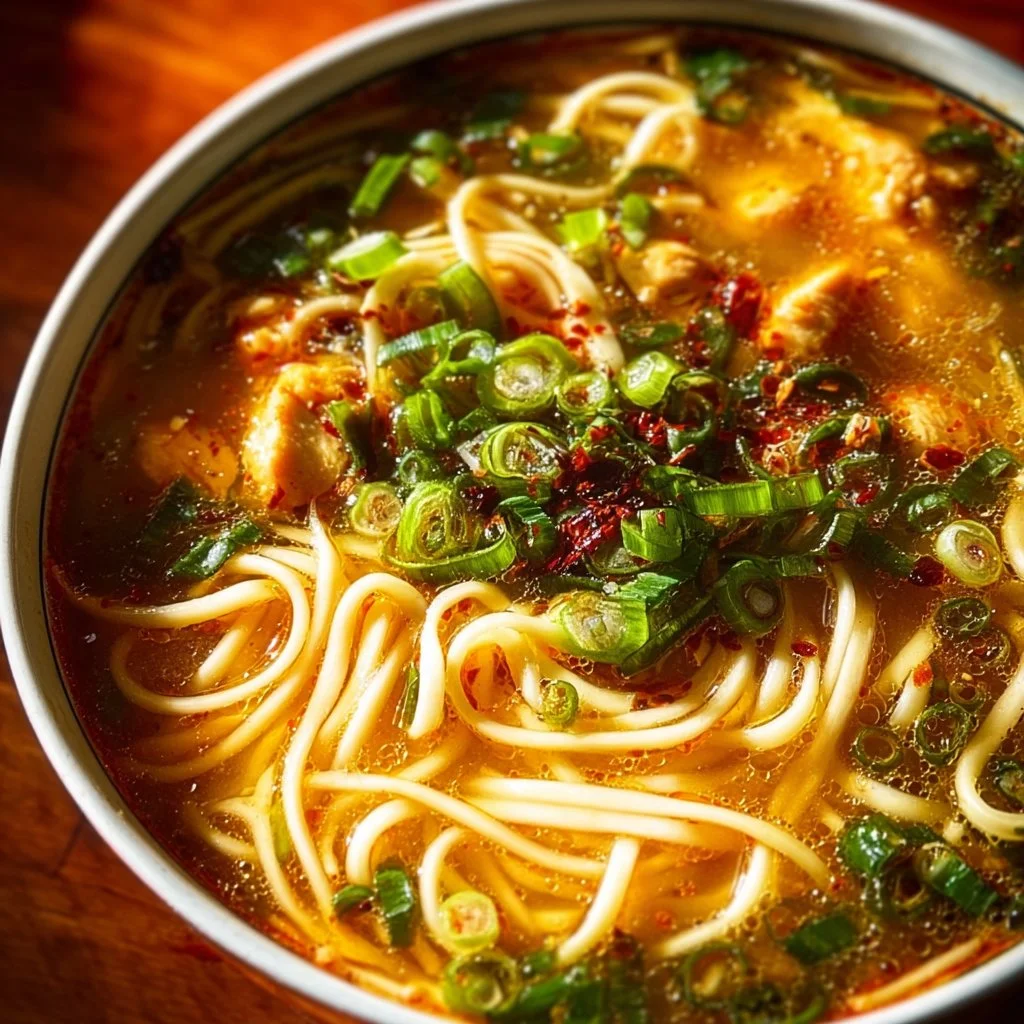 Ginger Garlic Chicken Noodle Soup 2 Bowl of Ginger Garlic Chicken Noodle Soup with fresh herbs and spices
