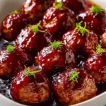 Plate of grape jelly meatballs served with toothpicks for easy eating