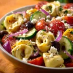 Delicious Greek Tortellini Pasta Salad with fresh vegetables and dressing