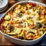 Healthy Mediterranean Vegetable Pasta Bake with colorful veggies and cheese.