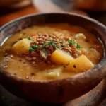 Bowl of hearty lentil vegetable soup with fresh vegetables and herbs