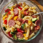 High protein Italian pasta salad with colorful vegetables and pasta