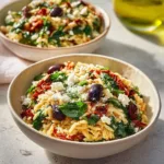 Homemade orzo pasta salad with feta and sun-dried tomatoes in a bowl
