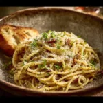 Plate of Ina Garten's Midnight Pasta recipe with fresh ingredients