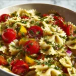 Delicious Italian Bow Tie Pasta Salad with fresh vegetables and herbs