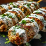 Delicious Juicy Chicken Kofta meatballs served with fresh herbs and sauce.