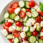 Juicy Cucumber Caprese Salad with fresh cucumbers, tomatoes, and mozzarella
