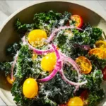 Fresh Lemon Parm Kale Salad with vibrant vegetables and Parmesan cheese