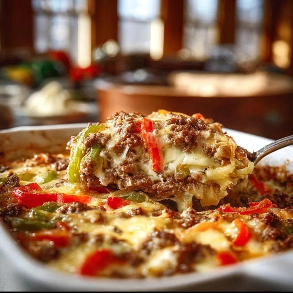 Low Carb Philly Cheesesteak Casserole 1 Low Carb Philly cheesesteak casserole with peppers and cheese on a plate