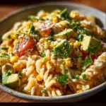 A vibrant bowl of Mexican street corn pasta salad, featuring corn, pasta, and fresh herbs.