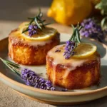 Mini lemon cakes with a lavender glaze on a decorative plate.