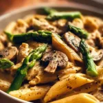 Mushroom Asparagus Chicken Penne served in a creamy sauce with fresh ingredients
