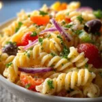 Bowl of colorful Olive Garden Copycat Pasta Salad with fresh ingredients