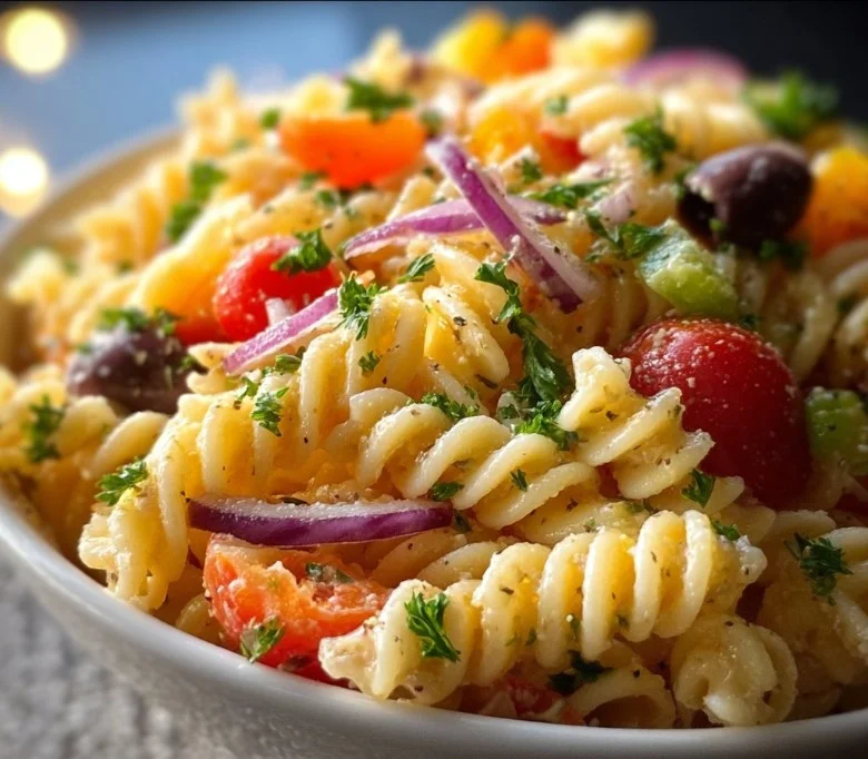 Olive Garden Copycat Pasta Salad 6 Bowl of colorful Olive Garden Copycat Pasta Salad with fresh ingredients