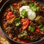 Savory dolma skillet with ground beef served in a cast iron pan