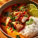 One pot coconut chicken brothy rice dish garnished with fresh herbs