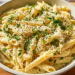 Delicious One Pot Creamy Garlic Pasta garnished with parsley on a plate