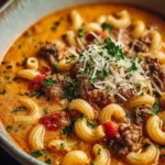 Bowl of one-pot macaroni cheeseburger soup topped with cheese and herbs