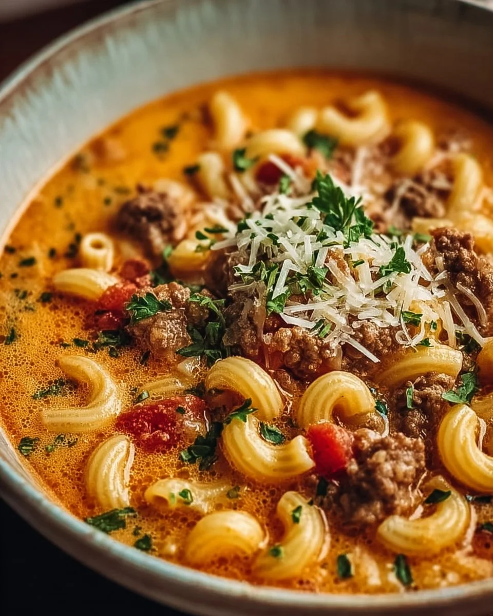 One-Pot Macaroni Cheeseburger Soup 2 Bowl of one-pot macaroni cheeseburger soup topped with cheese and herbs
