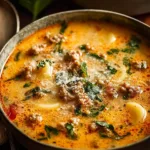 Bowl of Parmesan Italian sausage ditalini soup with fresh herbs and pasta