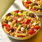 A vibrant pasta salad with colorful vegetables and dressing in a bowl