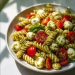 Vibrant Pesto Caprese Pasta Salad with fresh basil and mozzarella