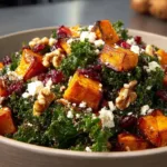Roasted sweet potato kale salad with vibrant ingredients in a bowl