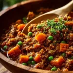 Plate of savoury mince with vegetables and herbs, showcasing a hearty meal.