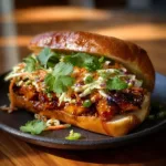Spicy Korean BBQ Chicken Sandwich with toppings on a wooden table