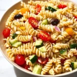 Delicious pasta salad with Italian dressing, fresh vegetables, and herbs.