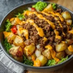 Delicious smash burger bowl with fresh ingredients and toppings