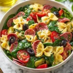 Delicious tortellini pasta salad with fresh vegetables and dressing.