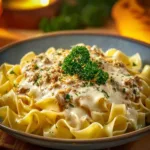 Delicious homemade White Bolognese Sauce in a white bowl.