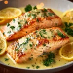 Juicy baked salmon fillet garnished with herbs and lemon on a plate