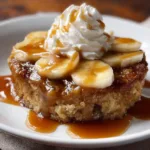 Delicious Bananas Foster Cobbler topped with caramelized bananas and vanilla ice cream.