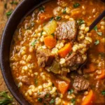 Bowl of delicious Beef Barley Soup with tender beef and grains