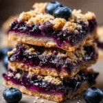 Homemade blueberry oatmeal bars on a wooden table