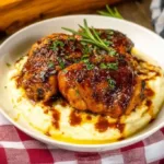 Delicious crockpot BBQ chicken thighs served with sauce