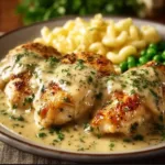 Creamy Boursin Chicken dish garnished with herbs on a plate.