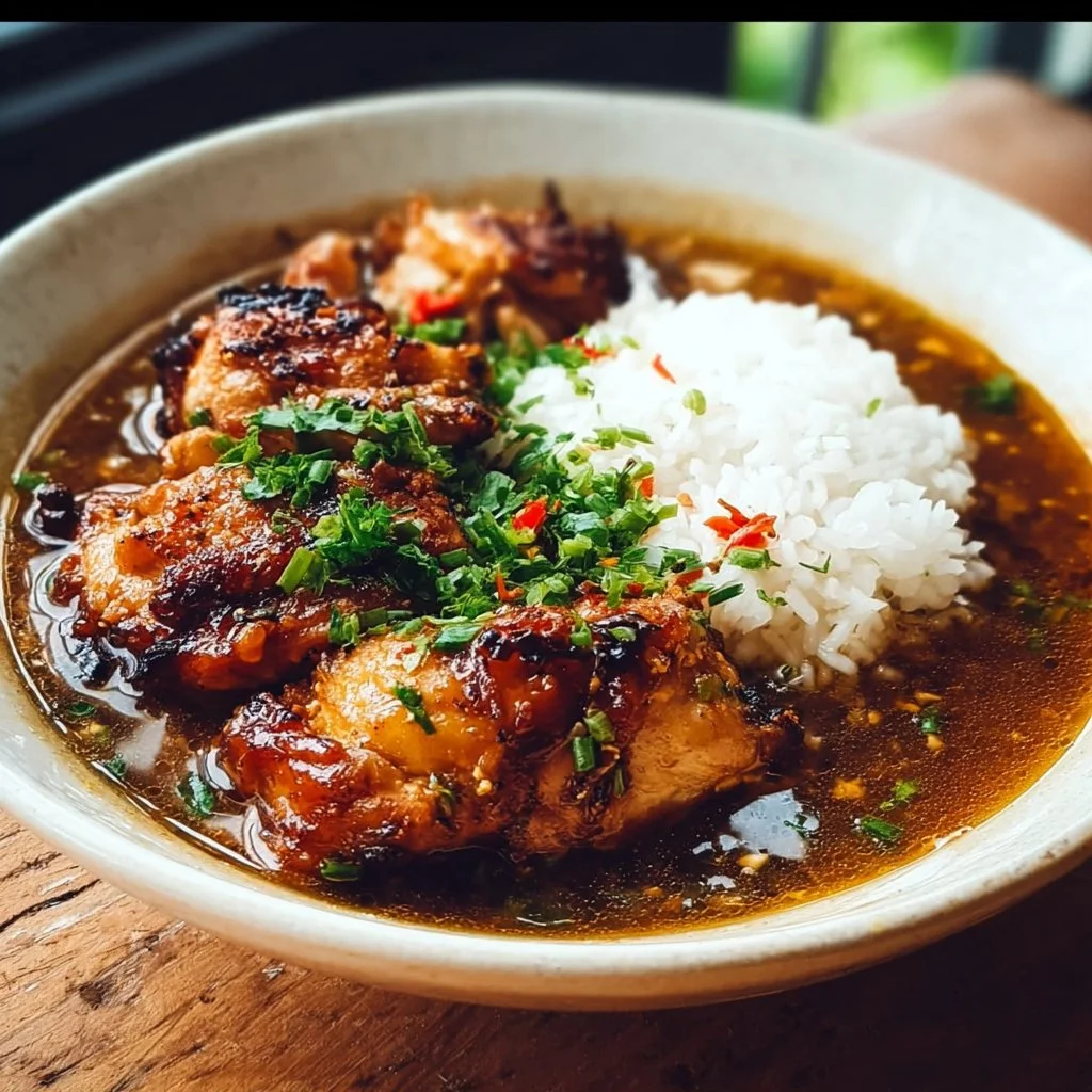 Caramelised Soy Chicken 25 Caramelised Soy Chicken in Garlic Ginger Broth with Rice