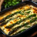 Cheesy asparagus casserole baked to perfection in a casserole dish
