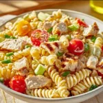 Delicious Chicken Club Pasta Salad with chicken, bacon, and vegetables