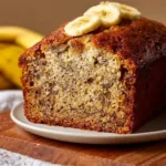 Loaf of classic banana bread with sliced bananas and nuts on a wooden table